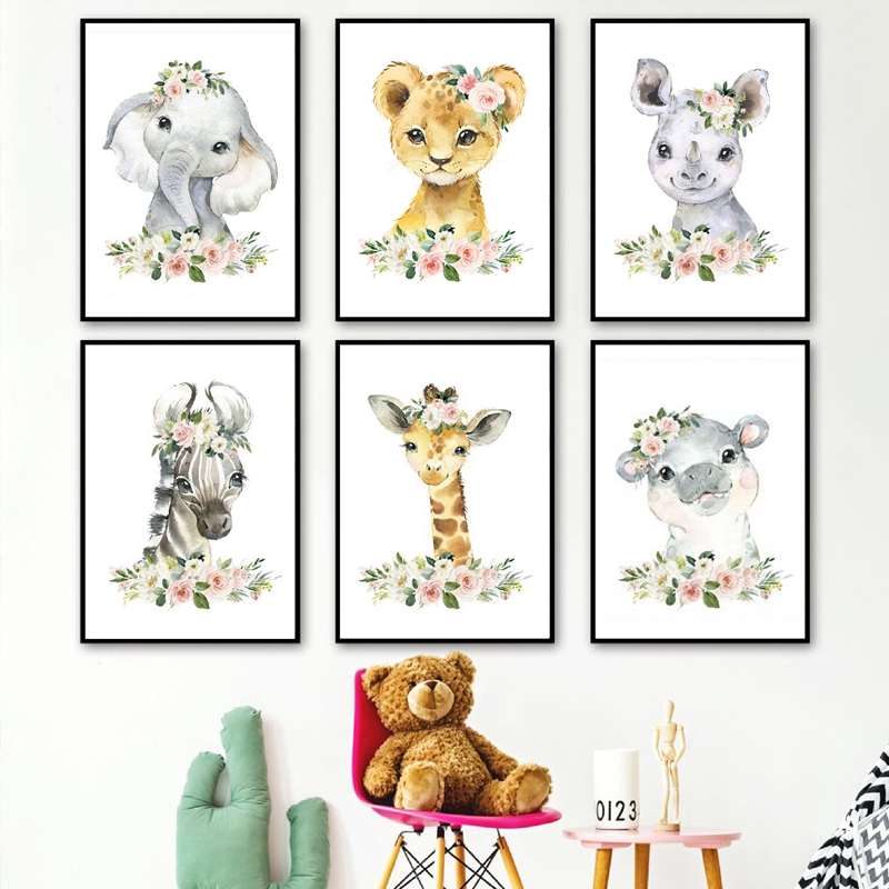 Animals Baby Nursery - Çiçek Orman Hayvanları Kanvas Baskılar Kreş
