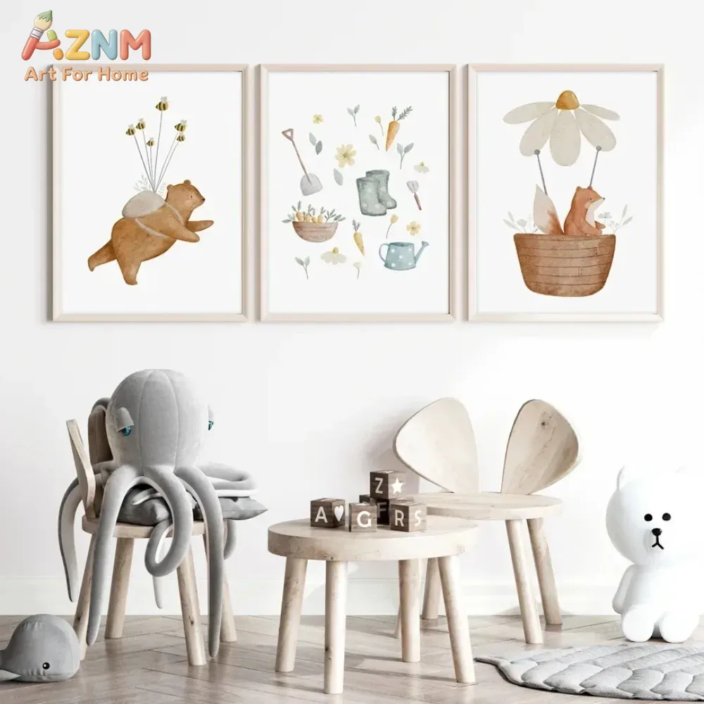 Baby Nursery Art - AZNM Suluboya Ayı Tilki Hayvan Tuval