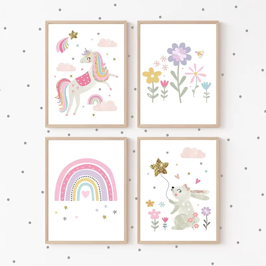 Baby Unicorn Nursery - Pembe Unicorn Tavşan Gökkuşağı Bulut Çiçek