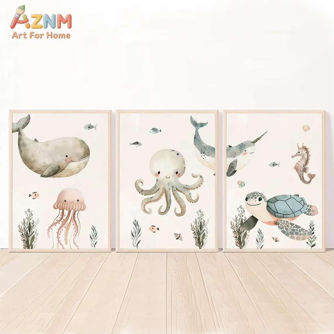 Animals Baby Nursery - AZNM Suluboya Sevimli Okyanus Hayvan Tuval