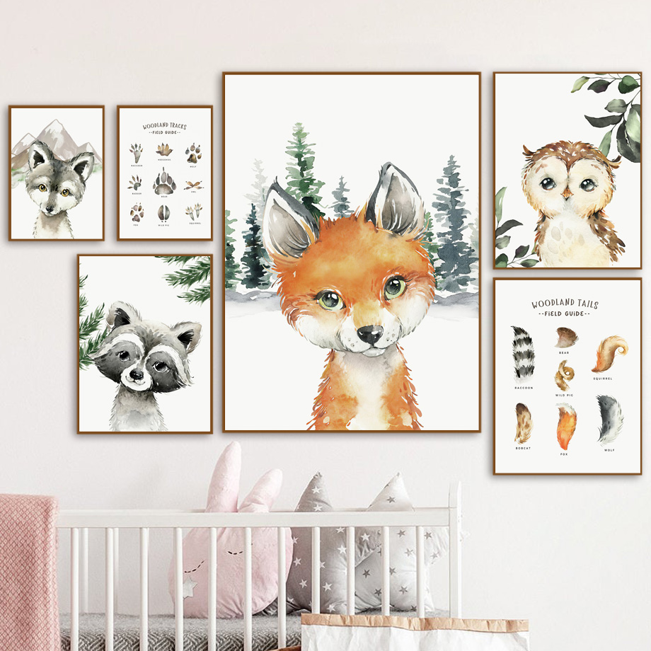 Baby Nursery Art - Tilki Rakun Baykuş Kurt Ormanı Kreş
