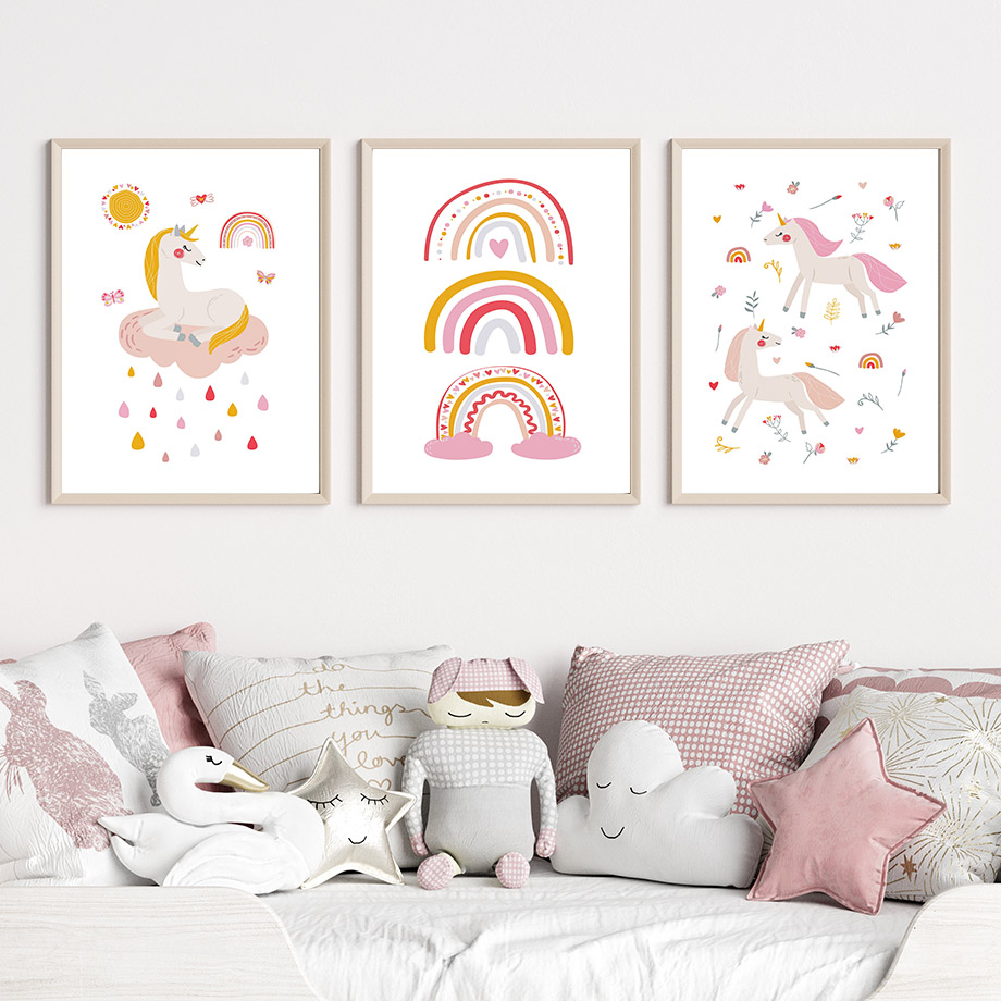 Baby Unicorn Nursery - Kawaii Karikatür Unicorn Gökkuşağı Güneş Bulut
