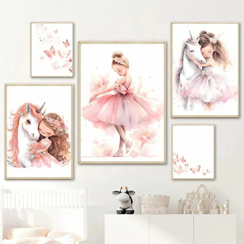 Baby Unicorn Nursery - Pembe Balerin Kız Unicorn Kelebek Posteri