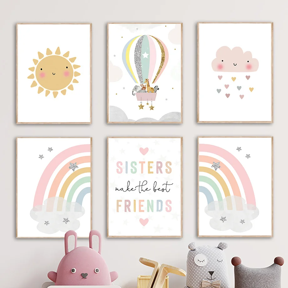 Baby Nursery Art - Zürafa Fil Sıcak Balon Güneş Gökkuşağı