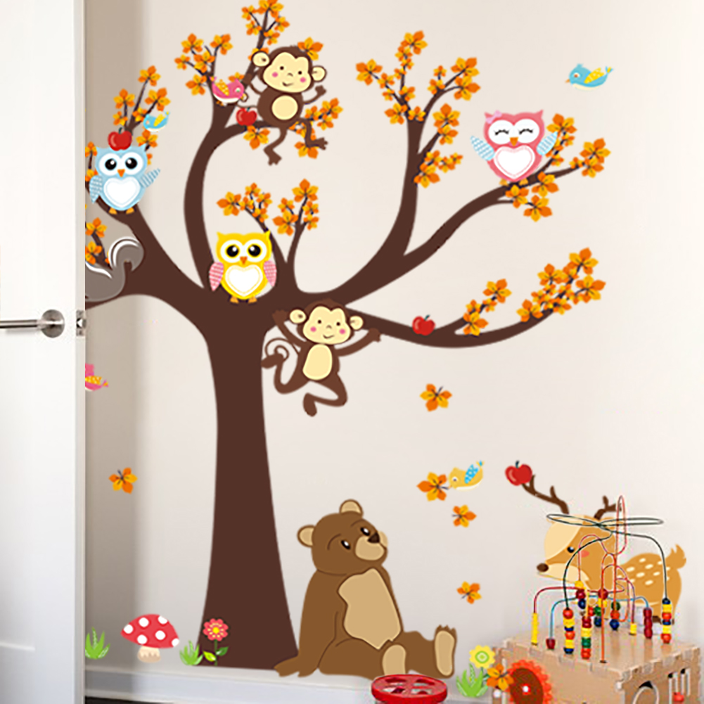 Baby Nursery Vinyl - Baykuş maymun hayvanlar ağacı karikatür vinil