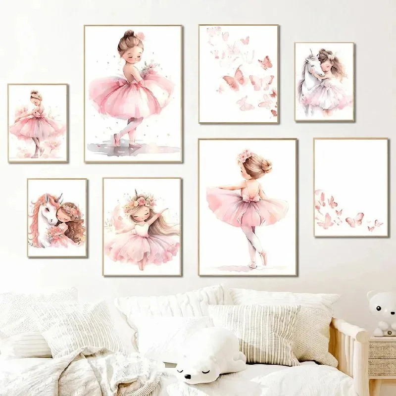 Baby Unicorn Nursery - Pembe Balerin Kız Unicorn Kelebek Posteri