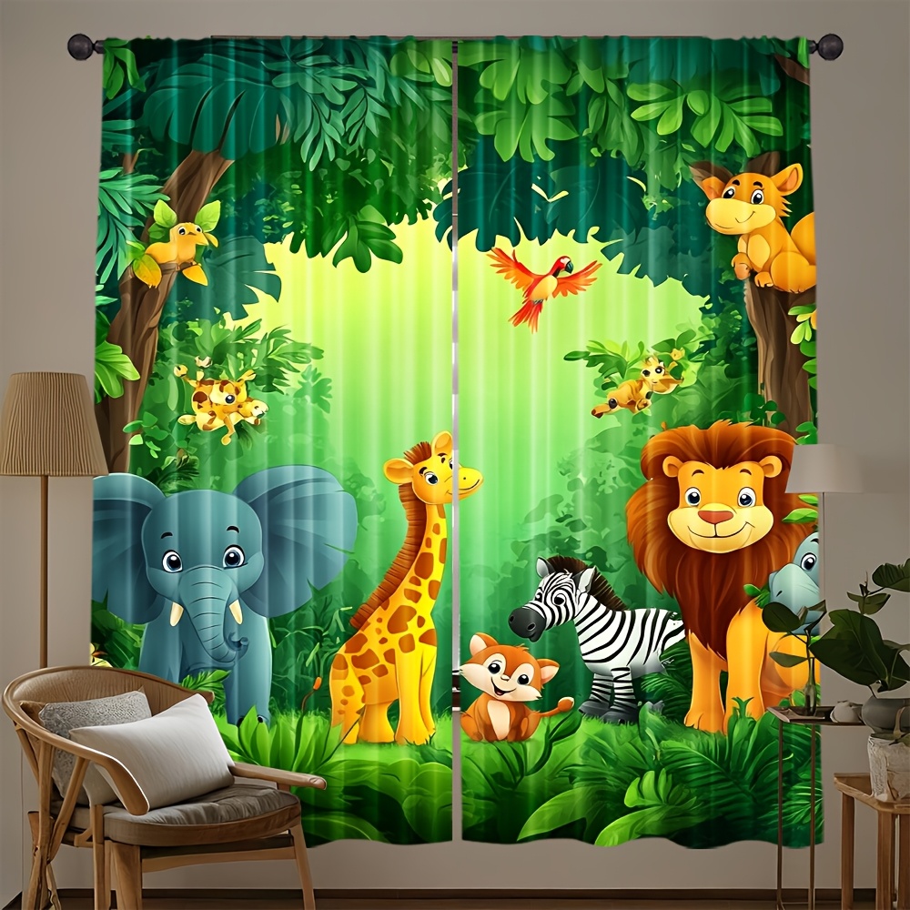 Baby Nursery Jungle Animals - 2 adet Karikatür Hayvan Perdeleri Orman