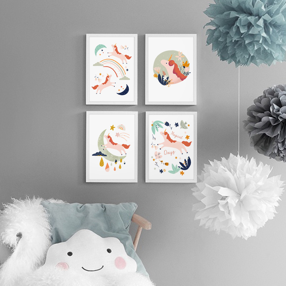 Baby Unicorn Nursery - Kız yatak odası duvar sanatı karikatür
