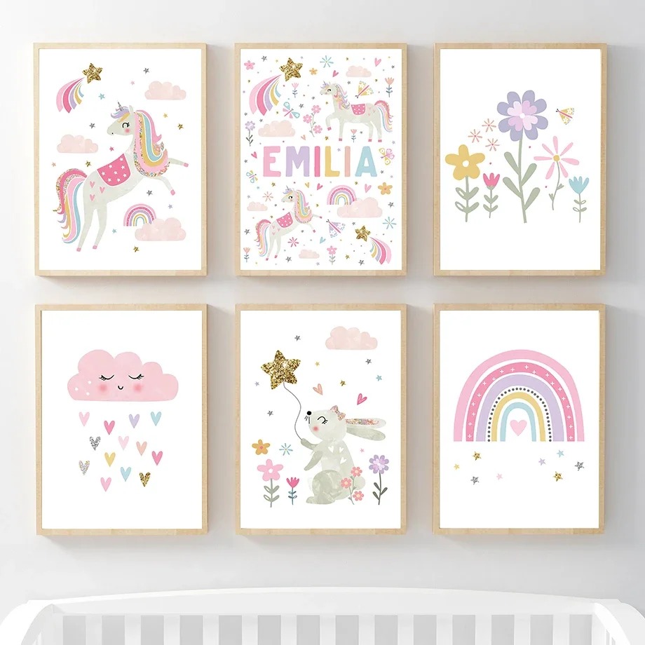 Baby Unicorn Nursery - Gökkuşağı Bulut Çiçek Kreş Pembe Tek