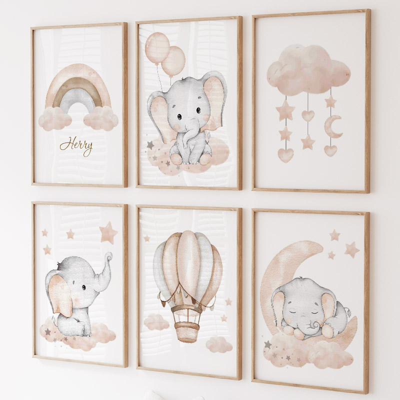 Baby Nursery Art - Sevimli Fil Sıcak Balon Ay Gökkuşağı