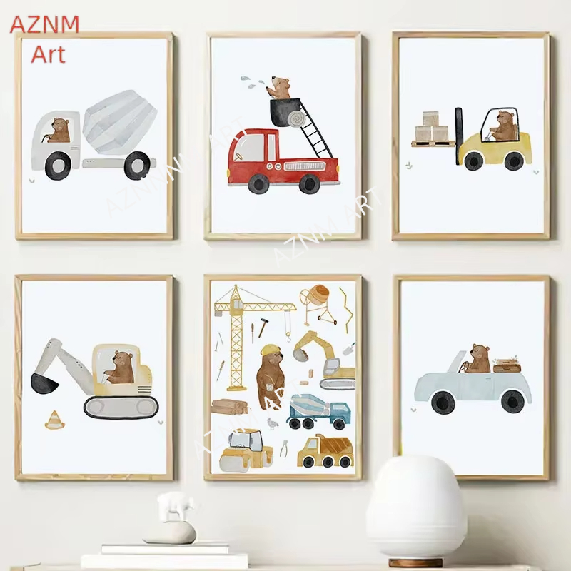 Baby Nursery Art - Sevimli Boho Ayı Vinç Ekskavatör Traktör