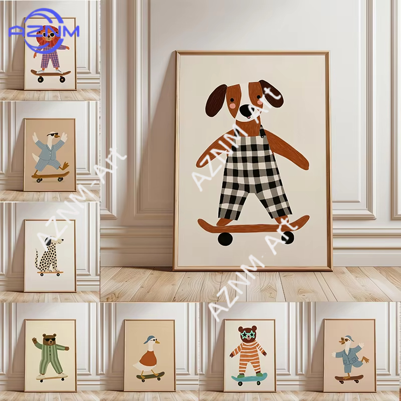 Baby Nursery Art - 1 adet komik hayvan kaykay posteri