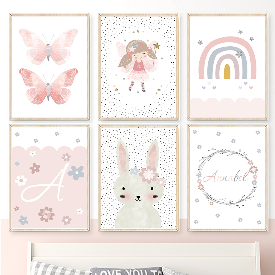 Baby Nursery Design - Sevimli Kız Tavşan Çiçek Kelebek Gökkuşağı