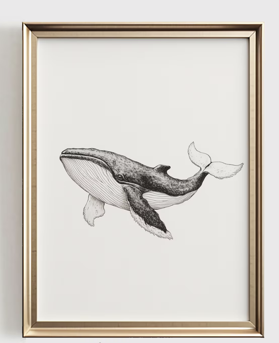 Baby Nursery Art - Balina Çizimli Sanat Baskısı, Minimalist Okyanus
